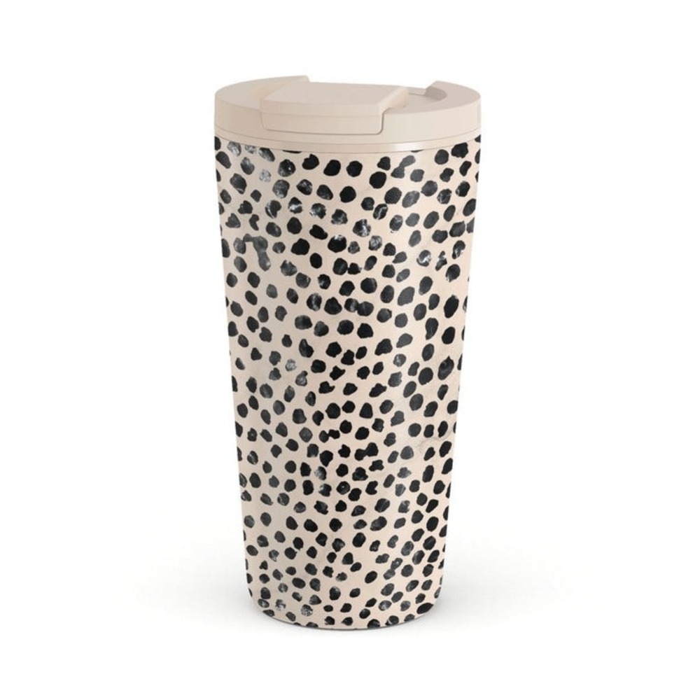 NEW BURGA Insulated Travel Mug Spill Proof Lid, Black Polka Dot